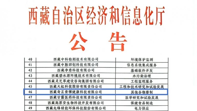 奇正青稞榮膺創(chuàng)新型中小企業(yè)認證，引領青稞產業(yè)健康新潮流